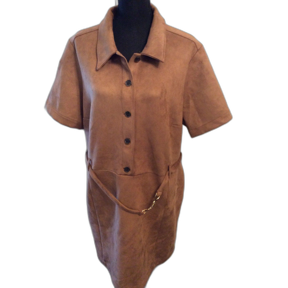 New NWT Plus size 1X Soft Faux Leather Brown Button Up Shirt Dress Pockets